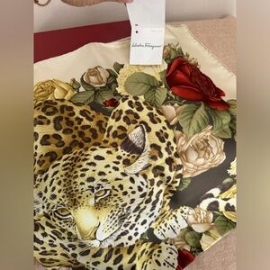 Salvatore Ferragamo NWT 100% Silk Scarf Leopards and Roses Elegant Design